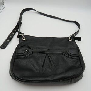 Stone Mountain Purse‎ Black Leather Shoulder Bag Zippers Pink Patterned Interior